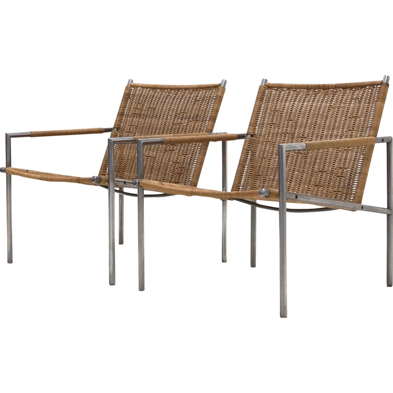 Pair of 't Spectrum "SZ01" armchairs in wicker and metal, Martin VISSER - 1960s