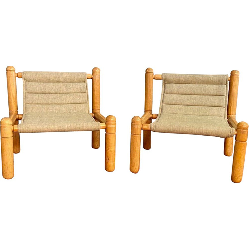 Pareja de sillones de época en madera natural y tela, 1970-1980