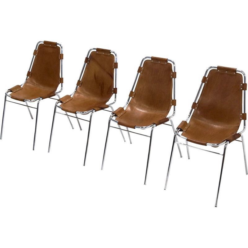 Set of 4 Les Arcs chairs in cognac leather - 1960s