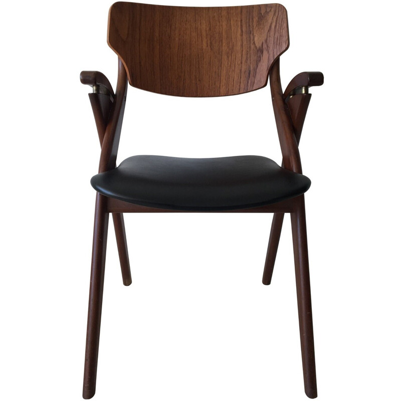 Scandinavian armchair in black leatherette and teak - 1950s