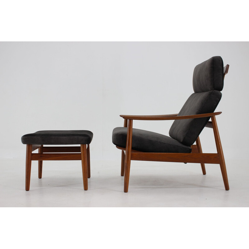 Vintage recliner armchair and ottoman Fd-164 by Arne Vodder for France and Son, Denmark 1960