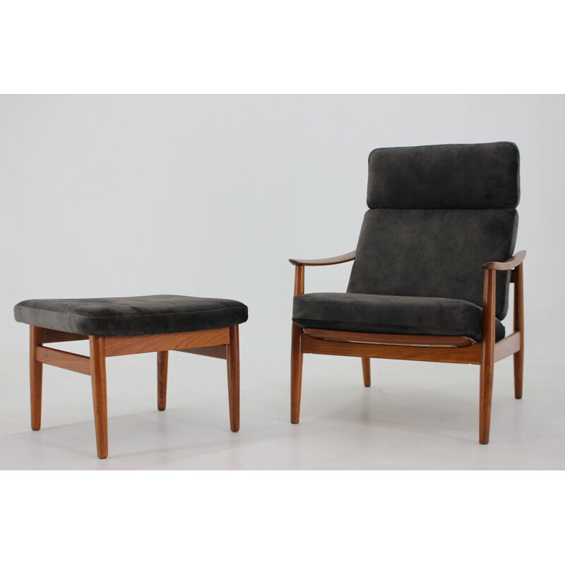 Fauteuil inclinable et ottoman vintage Fd-164 par Arne Vodder pour France and Son, Danemark 1960