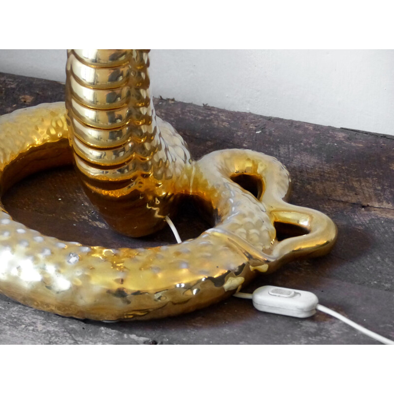 Vintage cobra lamp in gold ceramic and white fabric by Tommaso Barbi, 1970