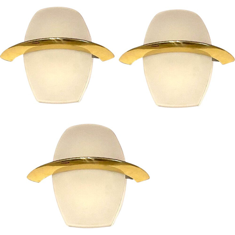 Set of 3 vintage sconces in satin glass and brass, Italy