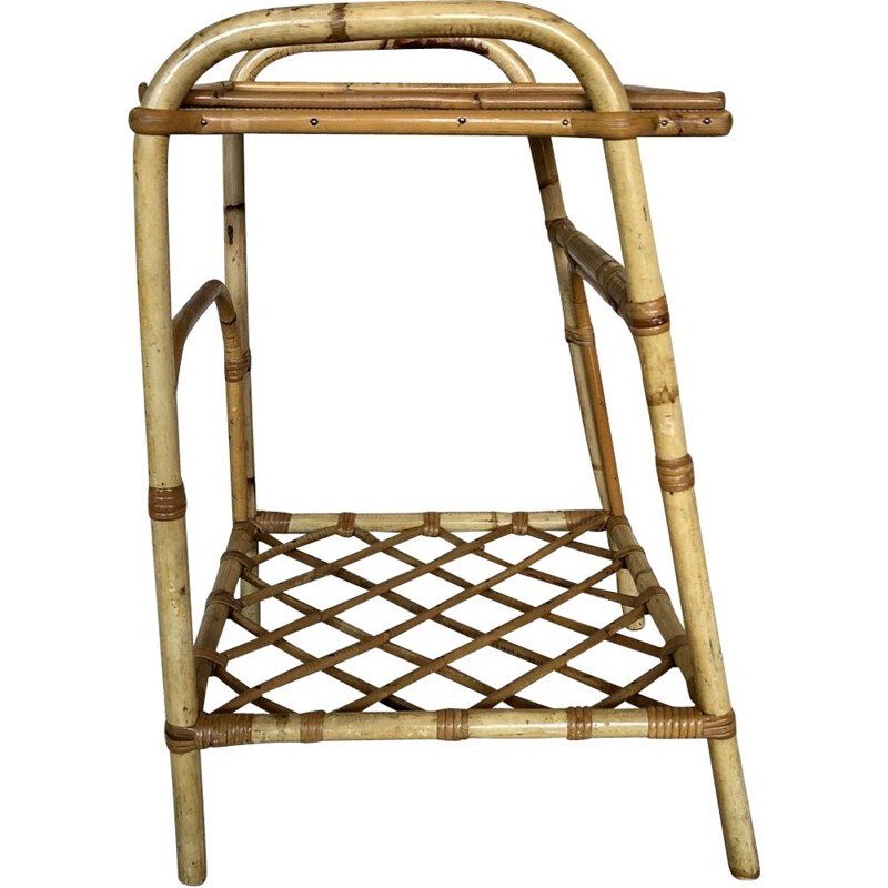 Vintage rattan and bamboo side table with magazine rack, 1960