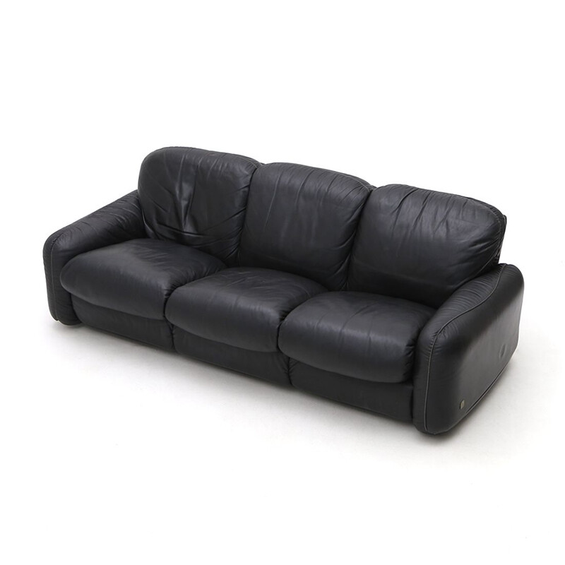 Vintage "Piumotto" 3 seater black leather sofa by Arrigo Arrigoni for Busnelli, 1970