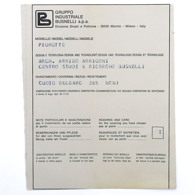 Sofá vintage "Piumotto" de 3 plazas en cuero negro de Arrigo Arrigoni para Busnelli, 1970