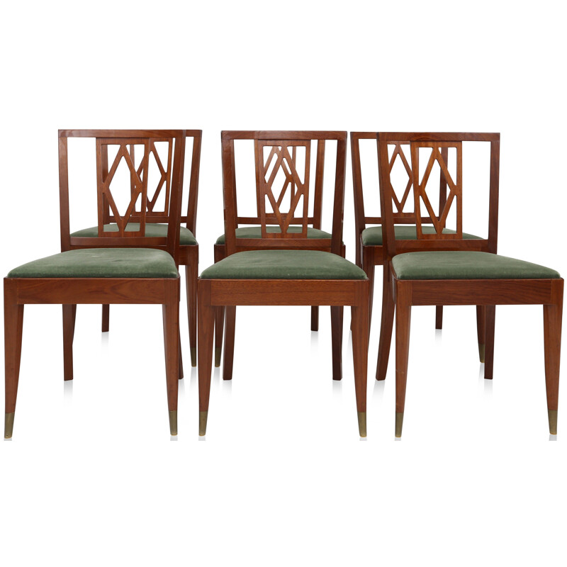 Suite de 6 chaises belges en acajou et velours vert, DE COENE FRÈRES - 1950