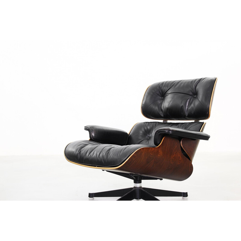 Fauteuil "Lounge chair 670 - 671" Herman Miller en palissandre et cuir et son ottoman, Charles EAMES - 1970