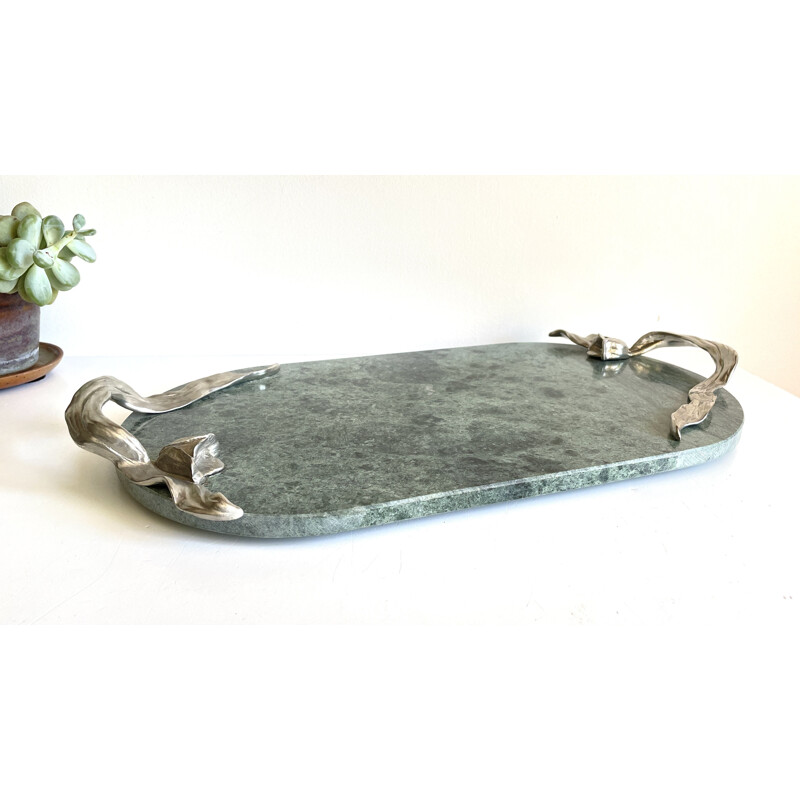 Vintage oval marble and pewter tray