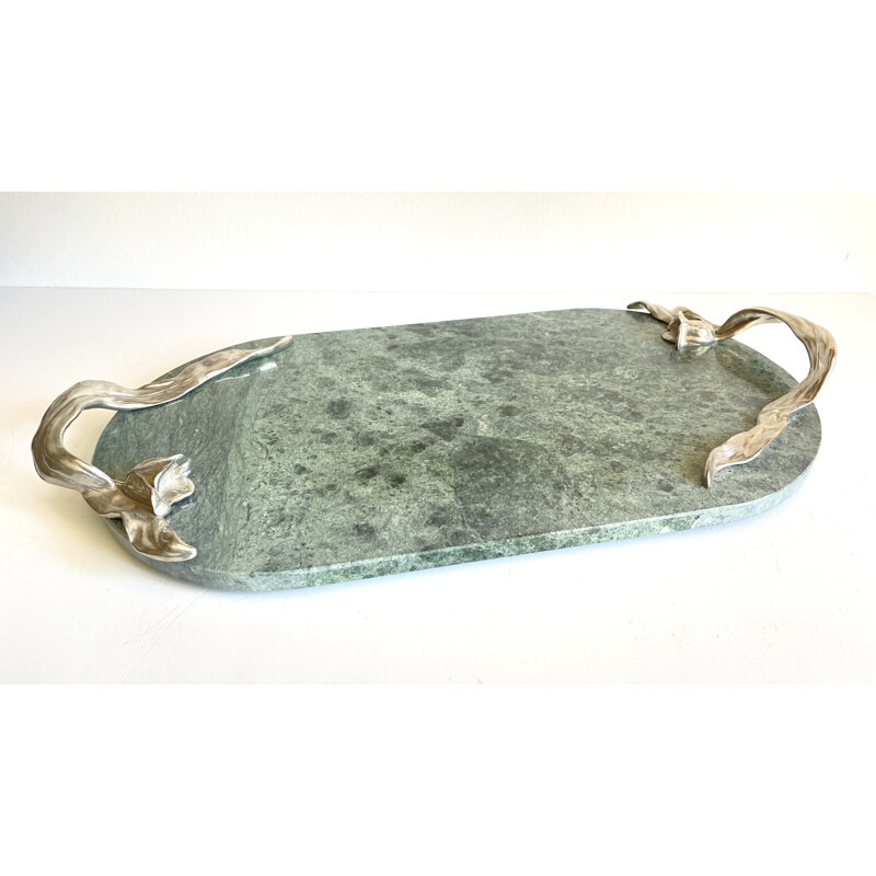 Ovales Vintage-Tablett aus Marmor und Zinn