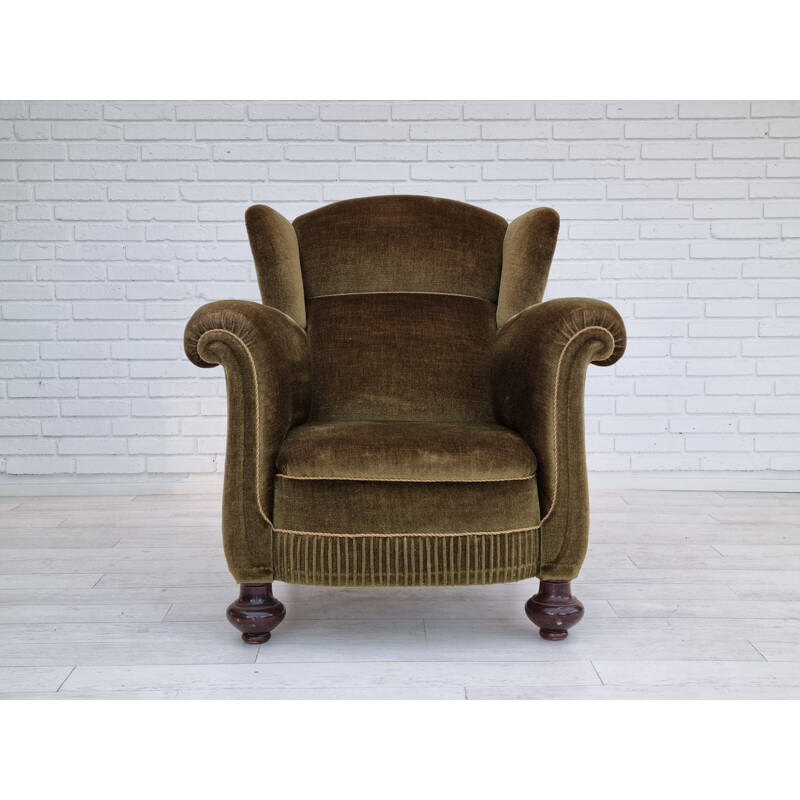 Danish vintage armchair in oak wood and velvet, 1955-1960