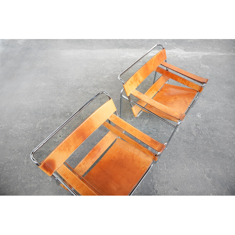 Paar vintage leren en stalen fauteuils, 1970