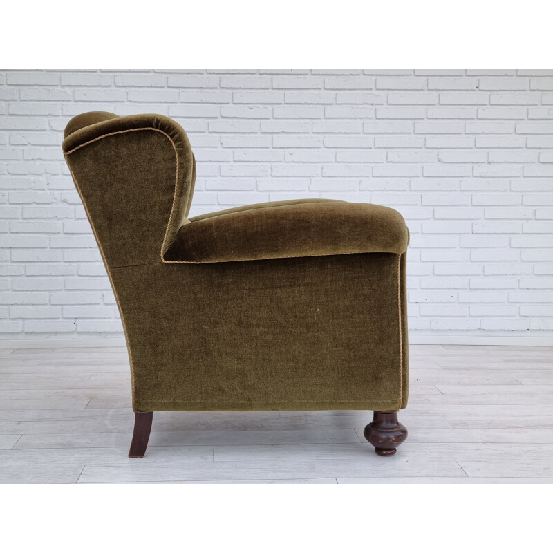 Danish vintage armchair in oak wood and velvet, 1955-1960