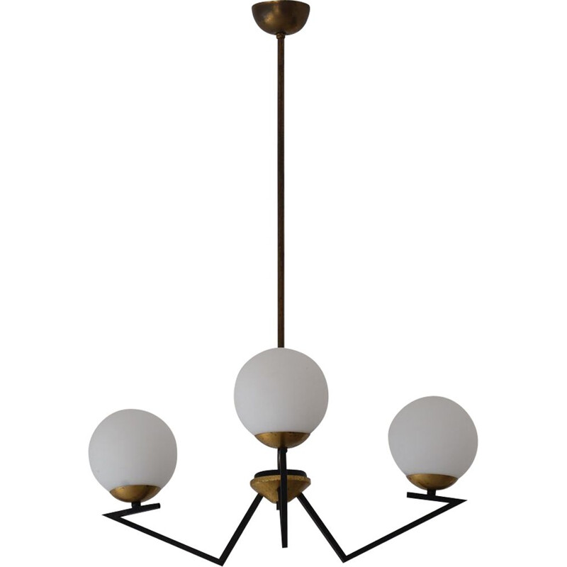 Italian vintage chandelier in brass, iron and opaline glass, 1950s