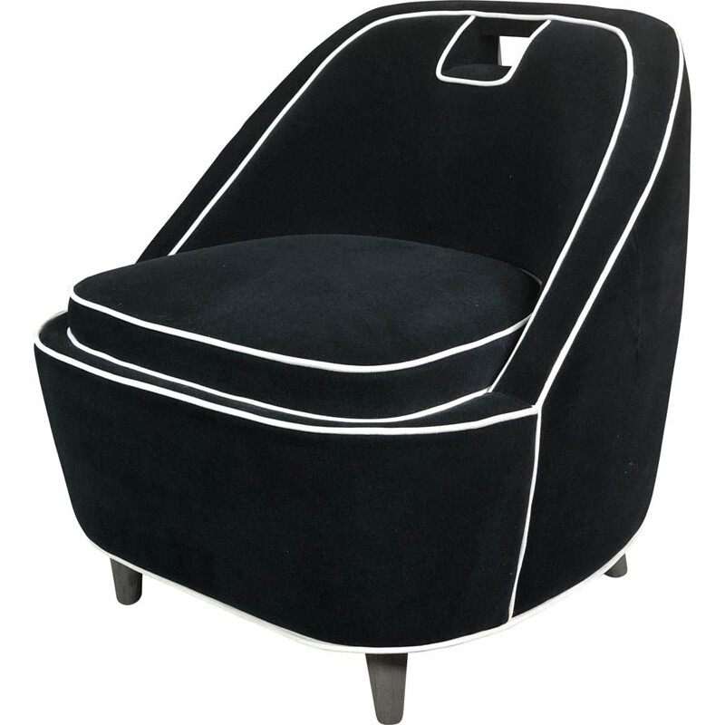 Vintage zwart fluwelen fauteuil, 1980