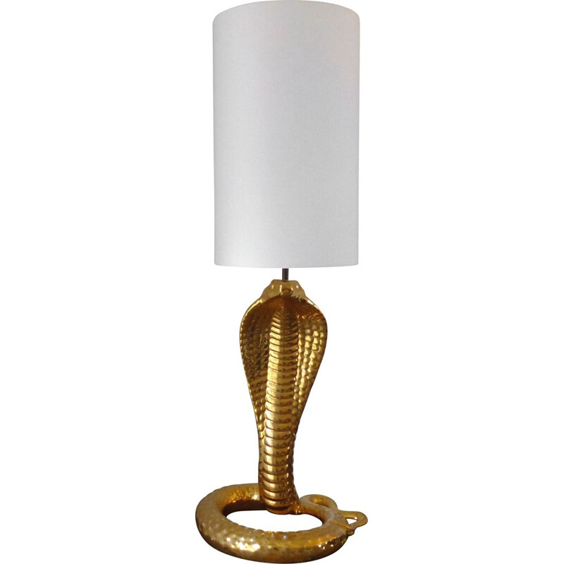 Vintage cobra lamp in gold ceramic and white fabric by Tommaso Barbi, 1970