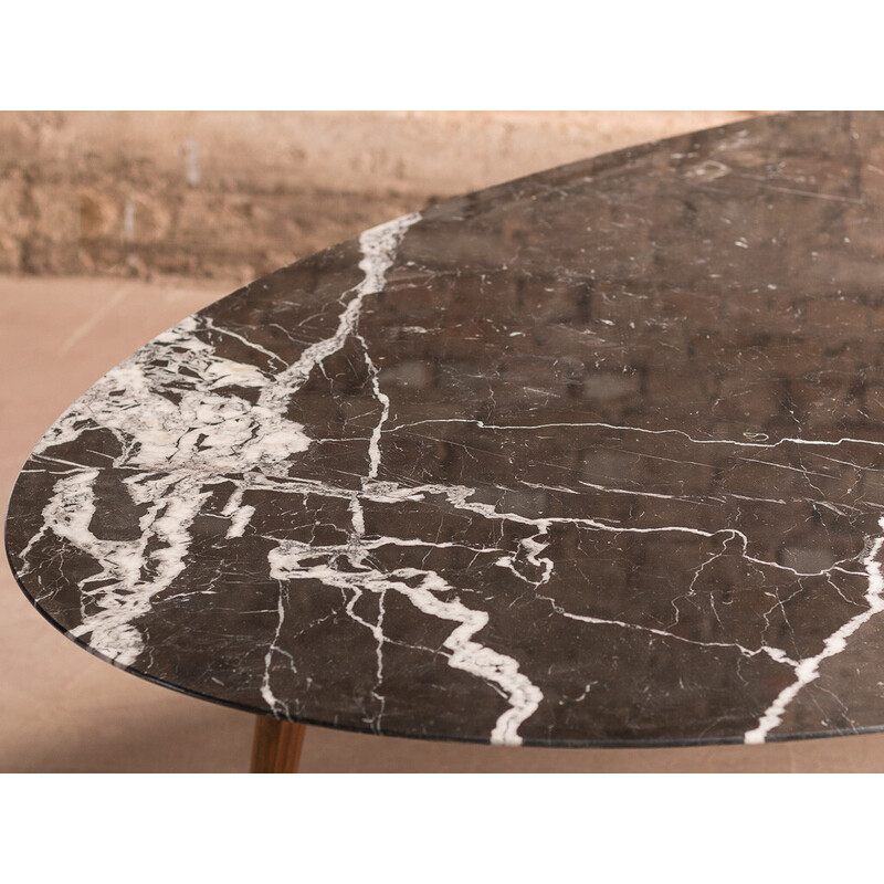 Mesa vintage feita à medida em mármore Marquina preto e nogueira maciça, França