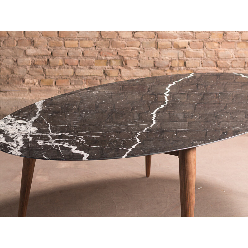 Vintage custom made table in black Marquina marble and solid walnut, France