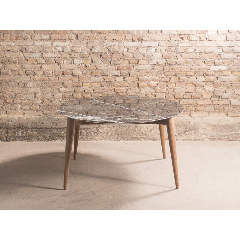 Table sur-mesure vintage en marbre noir Marquina et noyer massif, France