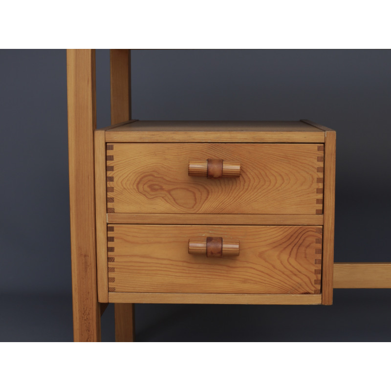 Vintage Scandinavian pine desk with leather handles, 1970s