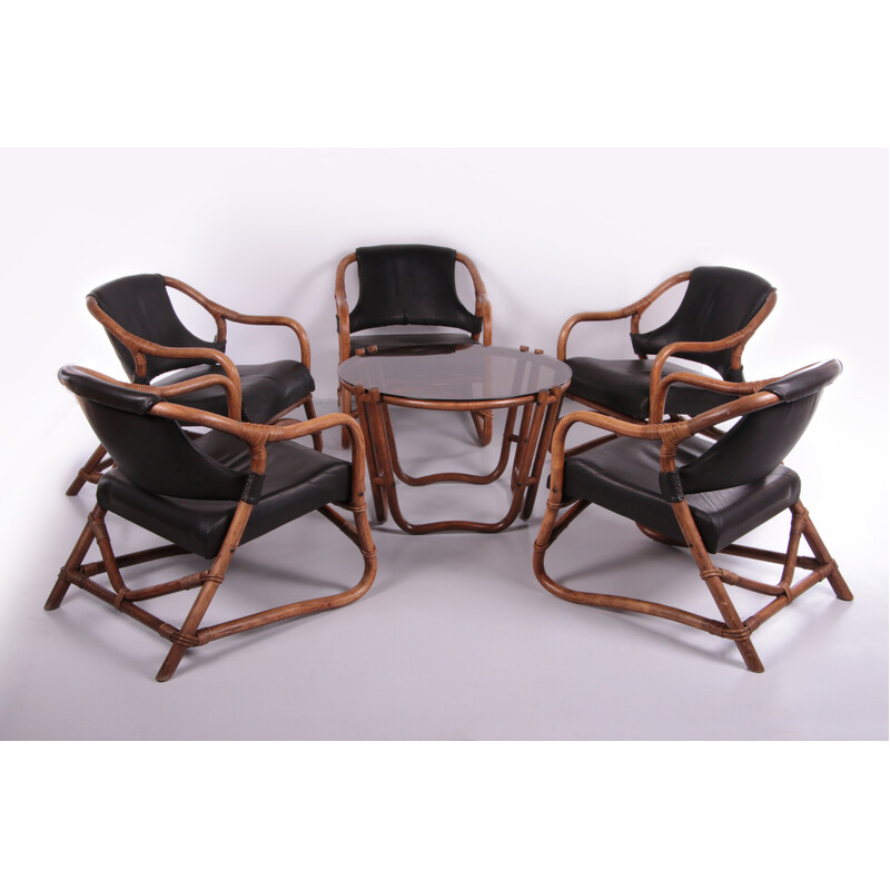 French vintage bamboo and leather living room set, 1960s
