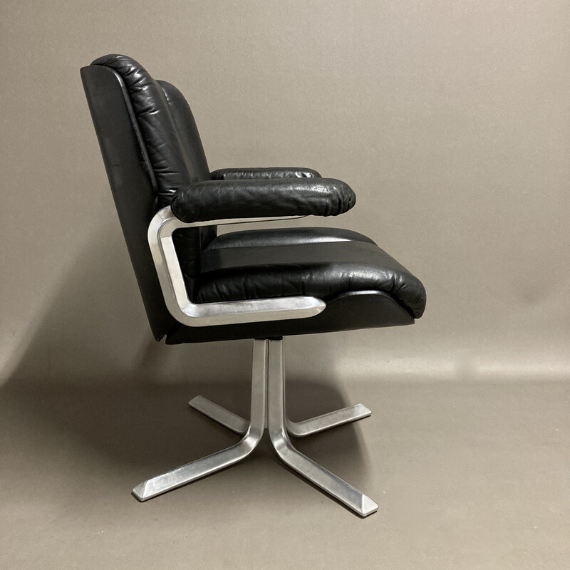 Vintage black leather and aluminum armchair, 1960s