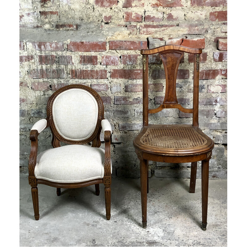 Vintage armchair for children in carved walnut and beige mottled upholstery