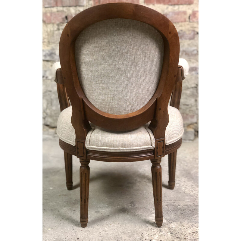 Vintage armchair for children in carved walnut and beige mottled upholstery