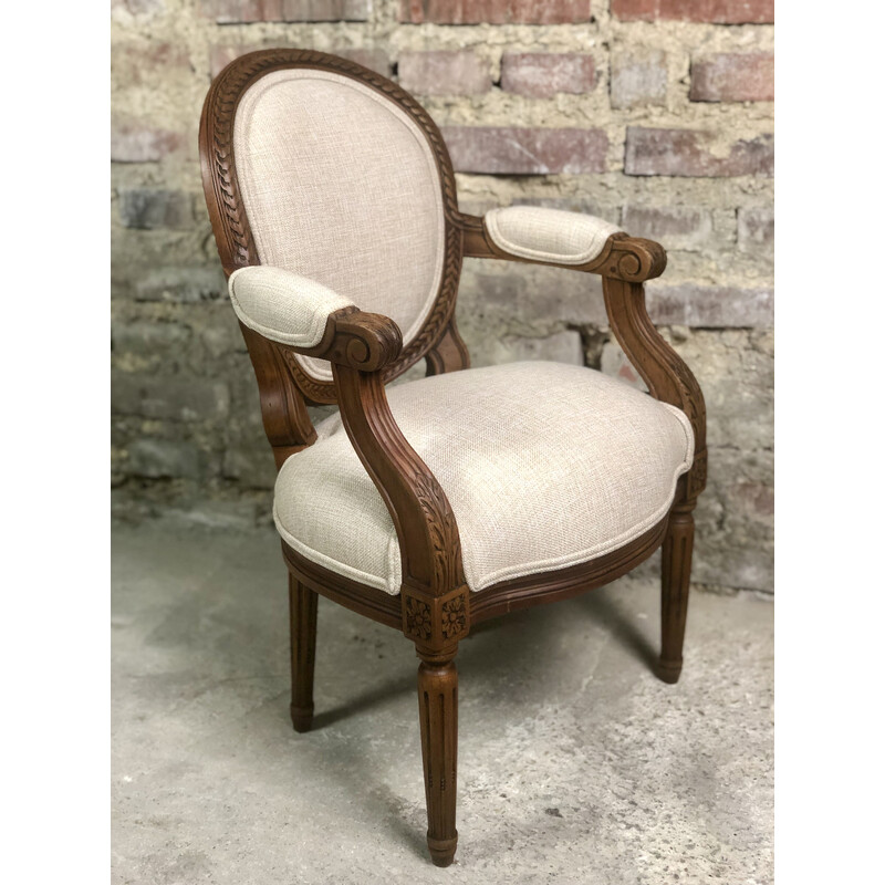 Vintage armchair for children in carved walnut and beige mottled upholstery