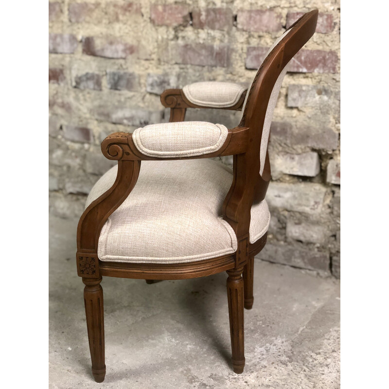 Vintage armchair for children in carved walnut and beige mottled upholstery