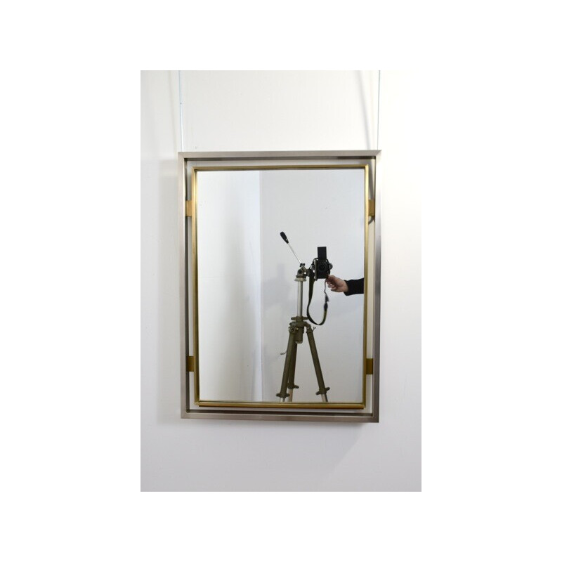 Miroir vintage en métal brossé et laiton de Guy Lefevre pour la Maison Jansen