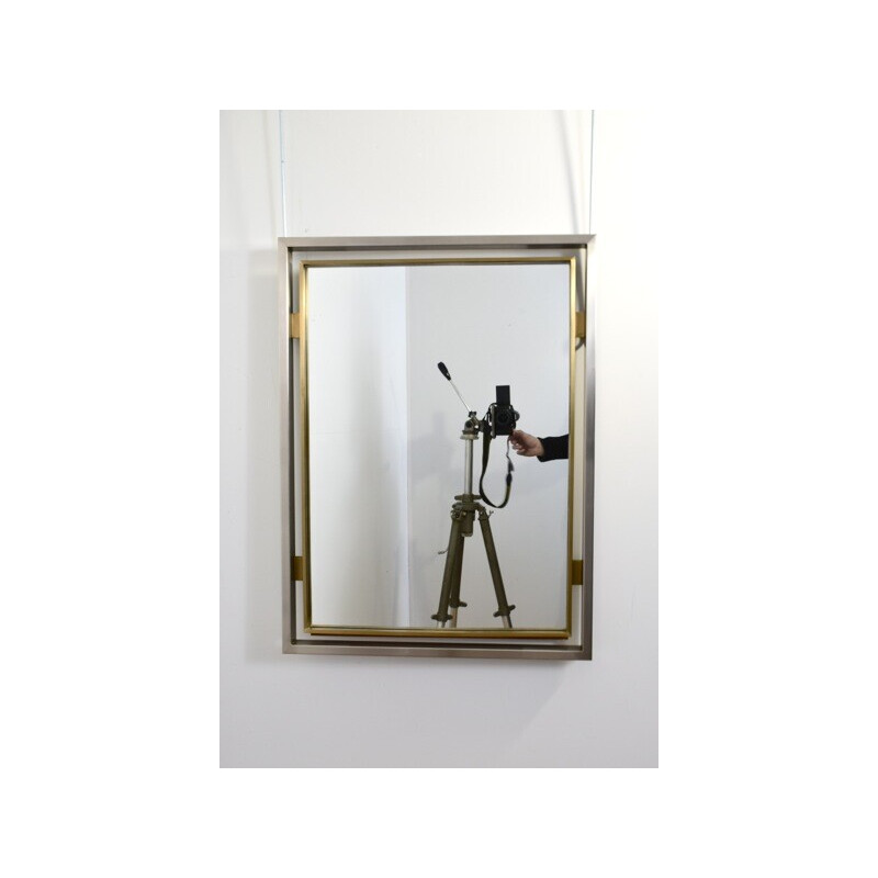 Vintage mirror in brushed metal and brass by Guy Lefevre for Jansen