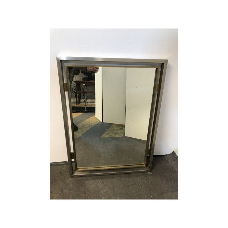 Vintage mirror in brushed metal and brass by Guy Lefevre for Jansen