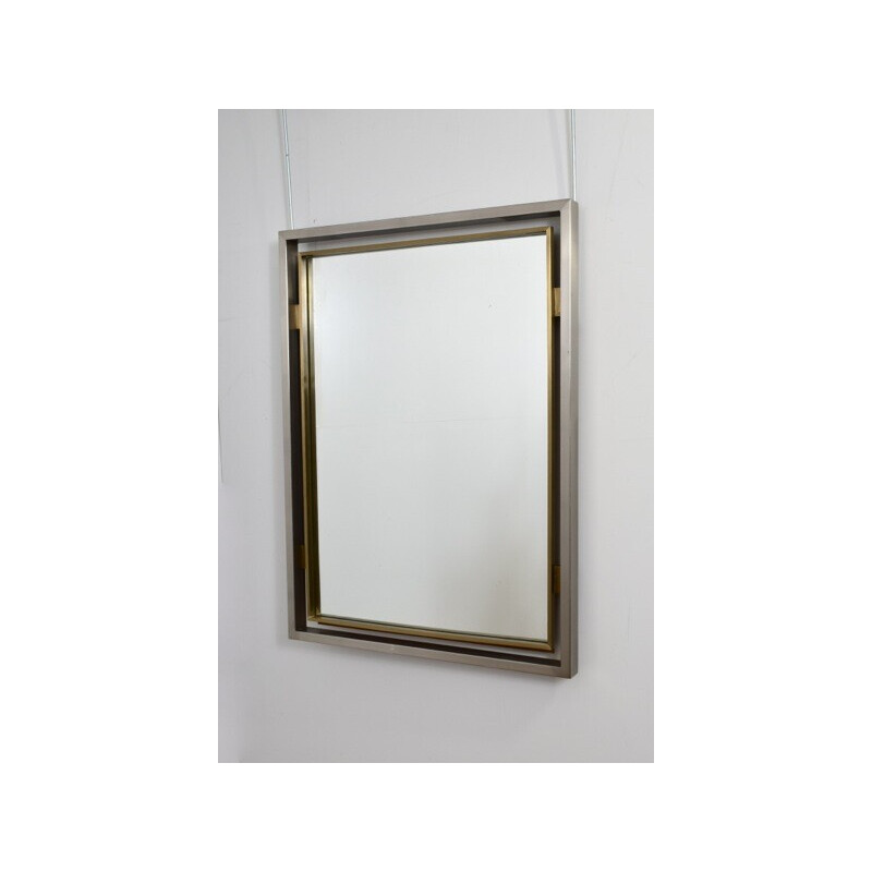 Vintage mirror in brushed metal and brass by Guy Lefevre for Jansen