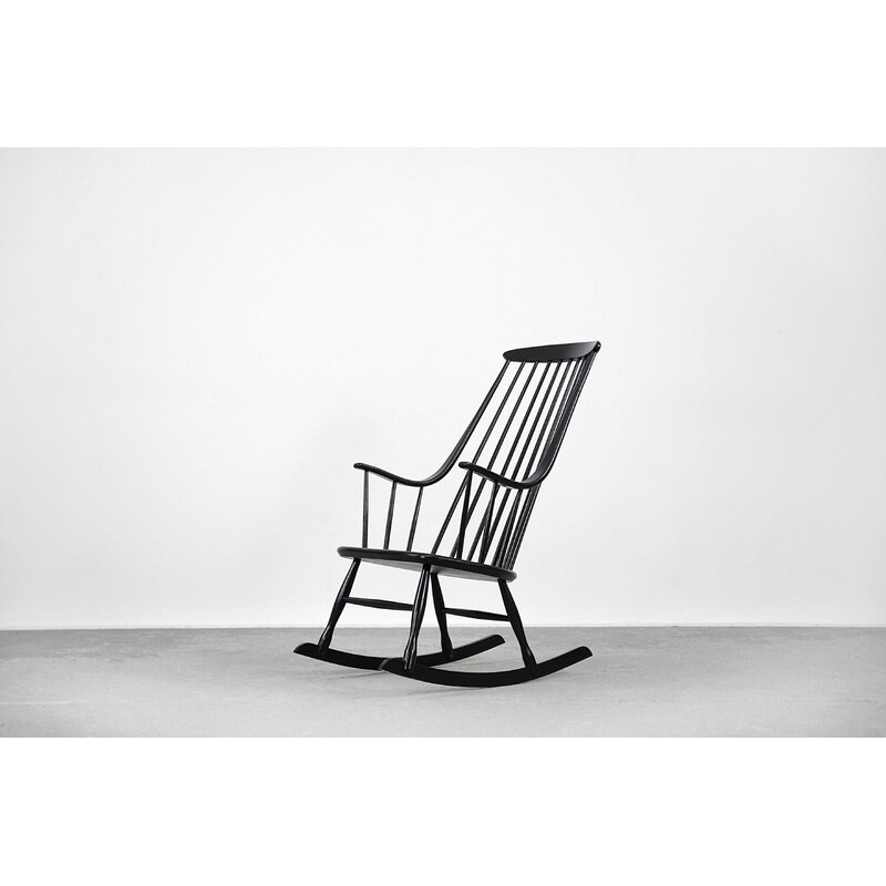 Cadeira de baloiço de madeira Vintage sueca Grandessa preta de Lena Larsson para Nesto, década de 1960