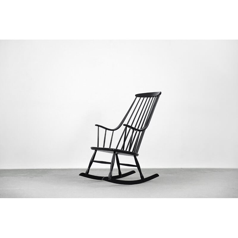 Vintage Swedish wooden black Grandessa rocking chair by Lena Larsson for Nesto, 1960s