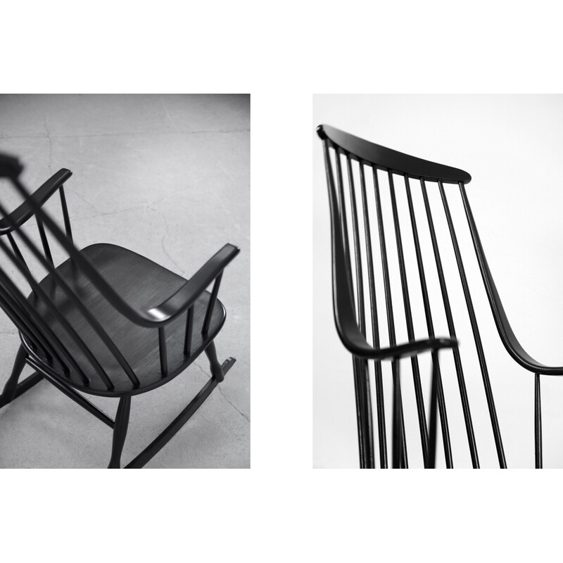 Cadeira de baloiço Vintage Swedish Grandessa em madeira preta de Lena Larsson para Nesto, 1960