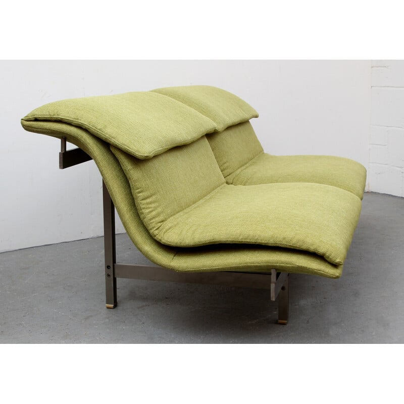 2 seater vintage sofa in green fabric and steel by Giovanni Offredi for Saporiti, Italy 1970