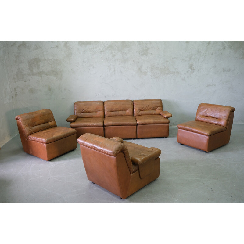 Mid-century patchwork leather living room set, 1970s