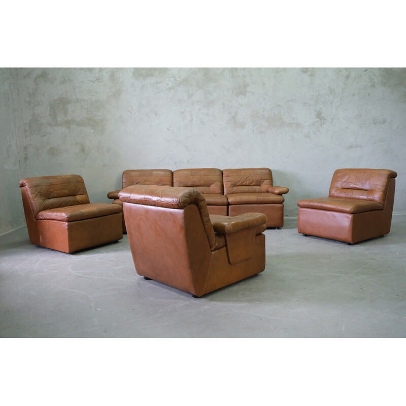 Mid-century patchwork leather living room set, 1970s