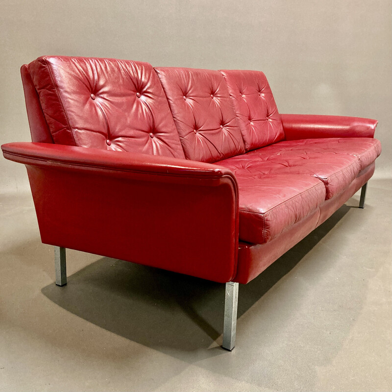 Vintage 3-seater red leather sofa, 1950s