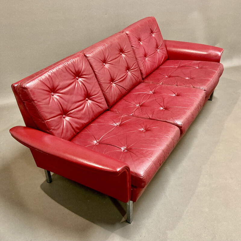 Vintage-Sofa aus rotem Leder, 3-Sitzer, 1950