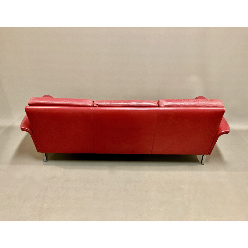 Canapé vintage en cuir rouge 3 places, 1950