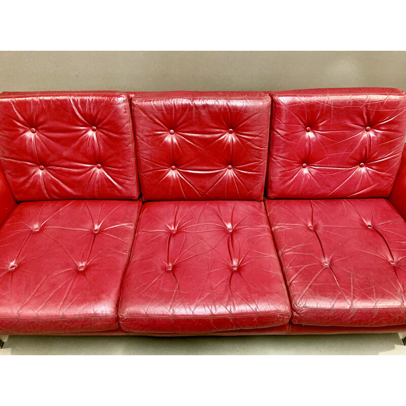 Vintage 3-seater red leather sofa, 1950s