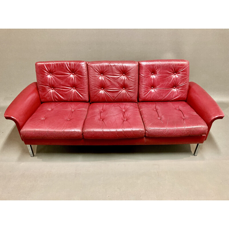 Sofá de couro vermelho Vintage de 3 lugares, 1950