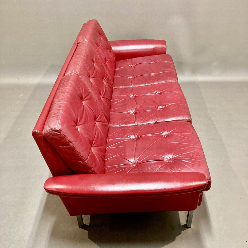 Sofá de couro vermelho Vintage de 3 lugares, 1950