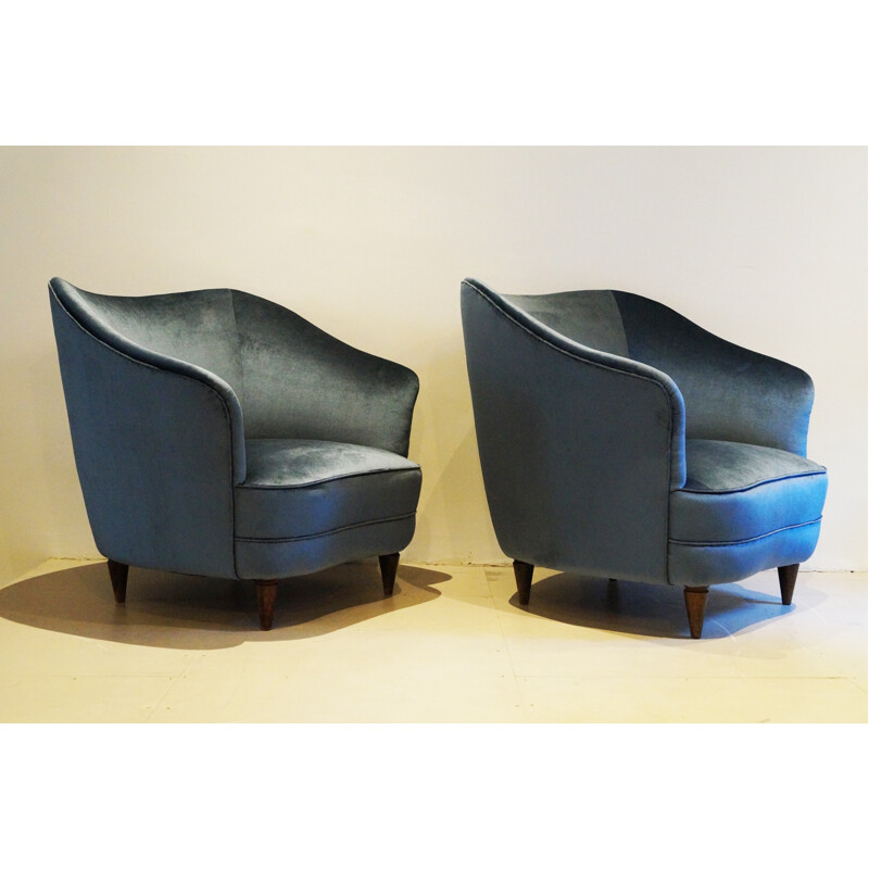 Paire de fauteuils vintage italiens en velours bleu - 1940