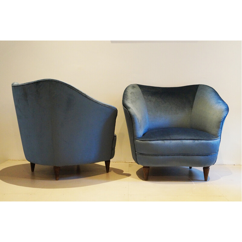 Pair of Italian mid-century blue velvet armchairs - 1940s