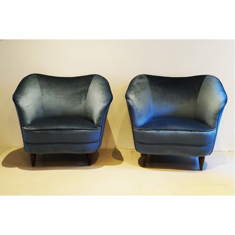 Pair of Italian mid-century blue velvet armchairs - 1940s